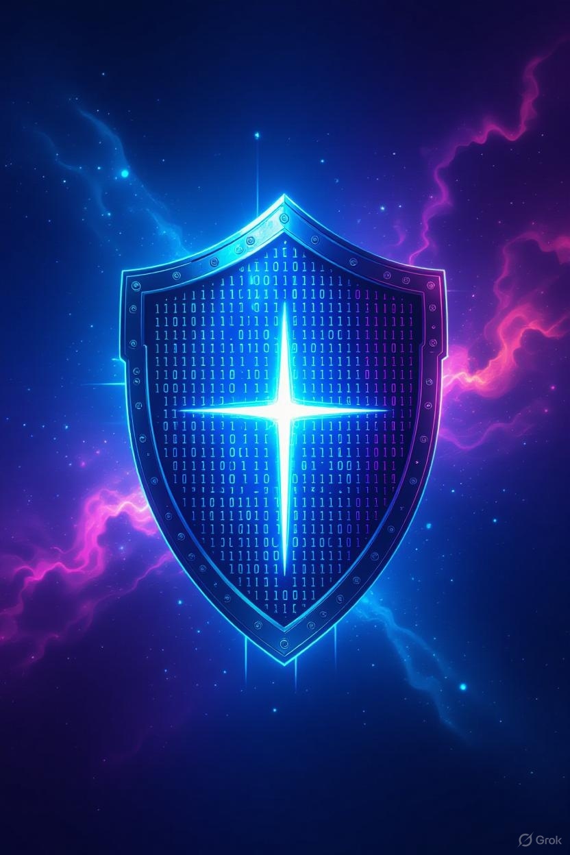 Cybersecurity Shield with s Celestial Glow Surrounding the Digital Realm